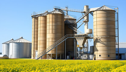 Tall metal silos in an agro-industrial facility with a modern seed cleaning and drying system for efficient grain storage, set against a vast field of golden rapeseed., simple style. isolated with w