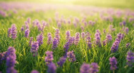 Obraz premium Sunlit field of vibrant purple wildflowers, lush green grass, soft focus, summer ambiance
