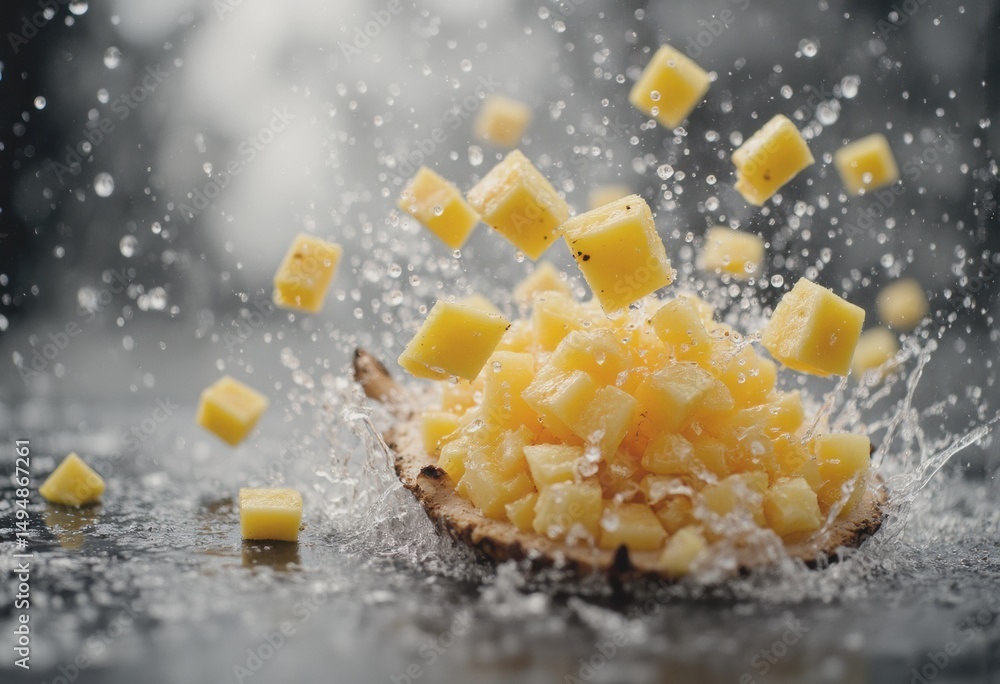 Aufkleber fresh pineapple chunks splashing in water, creating a refreshing scene