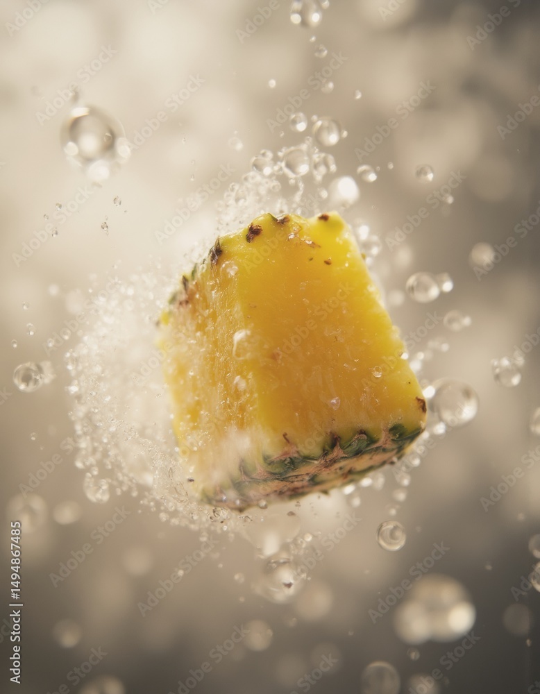 Poster fresh pineapple cube splashing in sparkling water, creating a refreshing scene