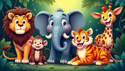 Fototapete Rund Cute cartoon jungle animals including lion, elephant, tiger, monkey, and giraffe smiling together in a forest scene. © Canncelo