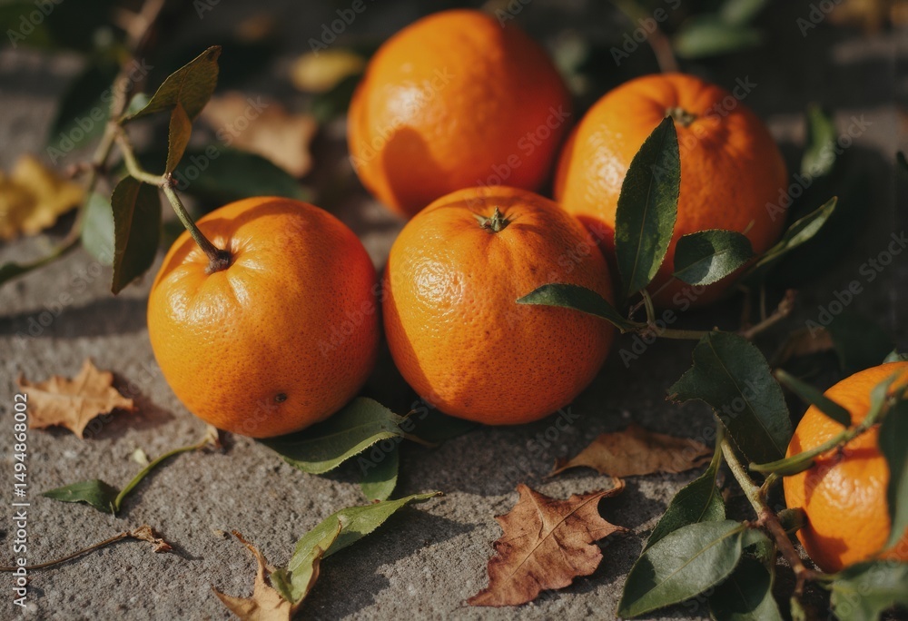Poster fresh oranges surrounded by autumn leaves on a textured surface