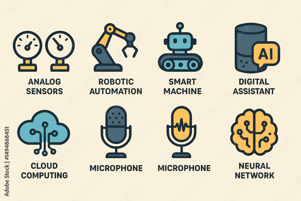 Poster artificial intelligence and tech icons set – flat, digital, neural network elements