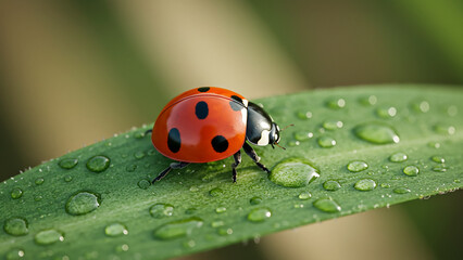Close-up of a Red Ladybug on Wet Green Leaf with Dew Drops