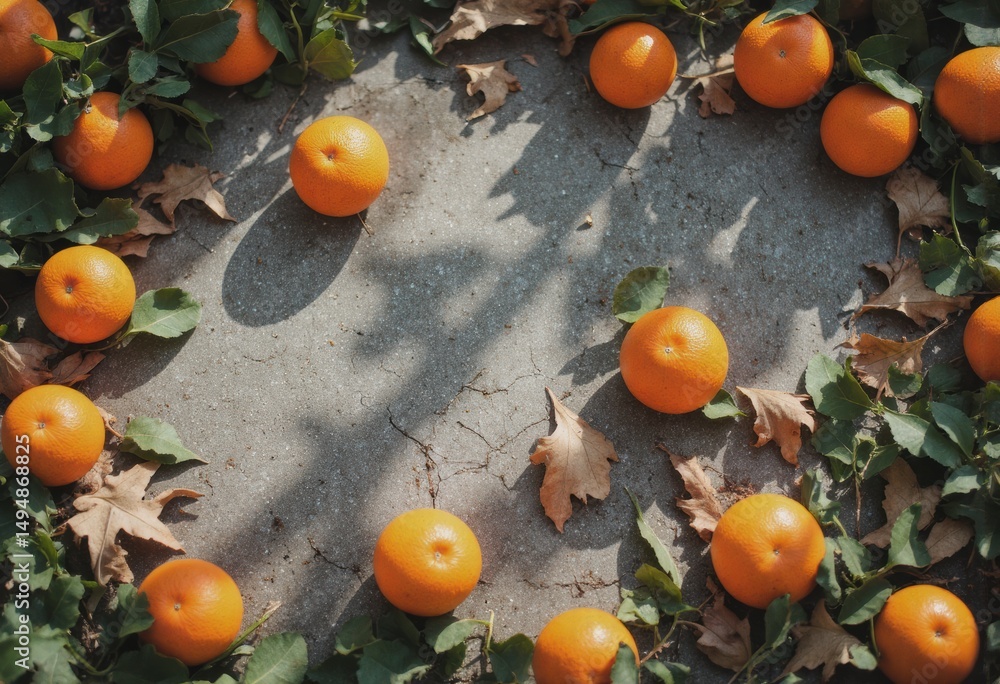Poster fresh oranges arranged in a circular pattern on a concrete surface