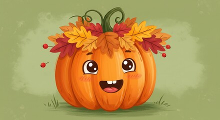 Cute cartoon pumpkin with autumn crown