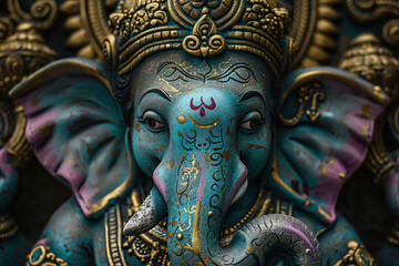 Bright holiday composition for happy Ganesh Chaturthi, abstract vivid composition consists of fictional unreal fantastic vision on background