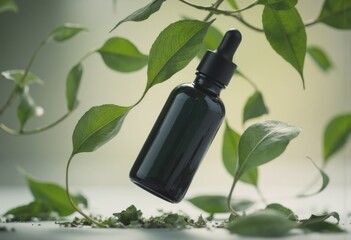 Black dropper bottle surrounded by green leaves, symbolizing natural skincare