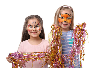 Cute girls with colorful face paintings and tinsel on white background