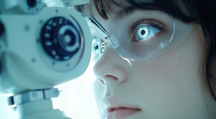 Teenager undergoes eye exam with phoropter for vision testing, close-up shot focuses on eye and device.