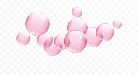 Transparent pink collagen bubbles isolated on white. Fizzy sparkling drops resembling bubble gum and carbonated drinks. Cosmetic essence of sweet beverage elements