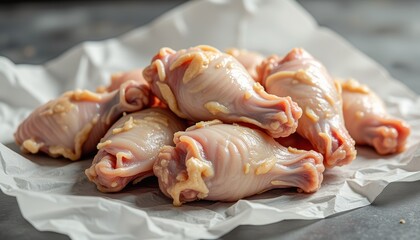 Raw chicken wings on white paper arranged in a pile  