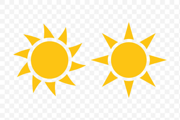 Sun vector set of two in yellow color on white background. Sun simple icons collection. Yellow sun icon set, sunshine and solar glow, sunrise or sunset. Vector illustration. EPS 10.