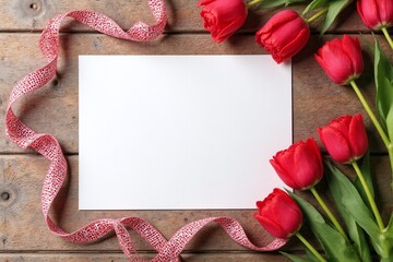 wooden heart with a red and white checkered ribbon next to a bouquet of tulips