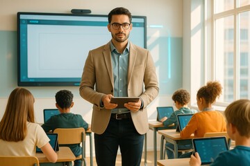 Male teacher with tablet in modern classroom with students using digital tablets during lesson