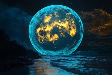 Vivid ocean waves illuminated by a bright azure celestial body at night