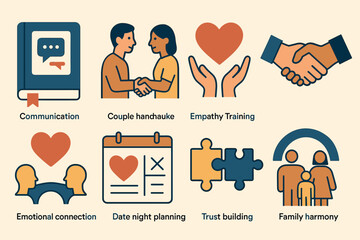 Relationship and communication flat icons set – couples, empathy, connection symbols