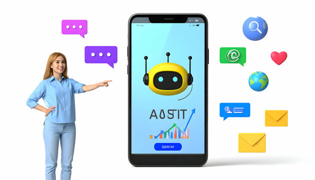 Woman pointing at smartphone displaying chatbot interface with icons representing communication, search, and global connectivity