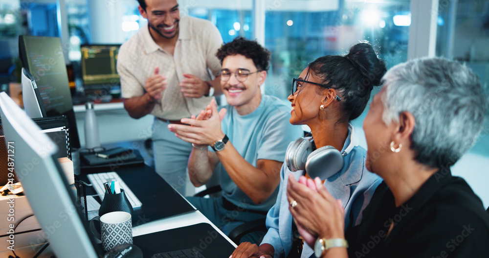 Poster Office, computer and businesswoman with applause for success, motivation and coding team. Night, collaboration and programmer with achievement for programming goal, celebrate and excited for clapping