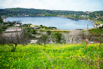 Panoramic View of Averno Lake in Pozzuoli Naples Italy