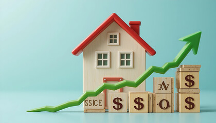 Real estate house model next to dollar sign blocks and arrow symbolizing property value growth