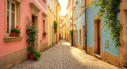 Obraz premium Sunlit cobblestone lane, pastel-hued houses, vibrant flowers in window boxes