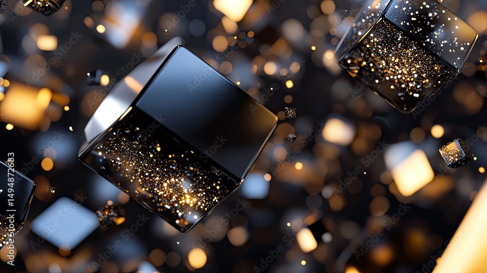 Poster floating dark cubes with sparkling particles in a dramatic design.