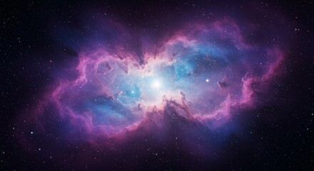 Fototapeta premium A vibrant nebula, swirling hues of pink and blue, radiate from a central, luminous core against a backdrop of distant stars