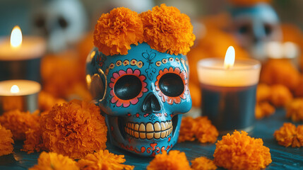 Colored ceramic skulls and bright marigolds 