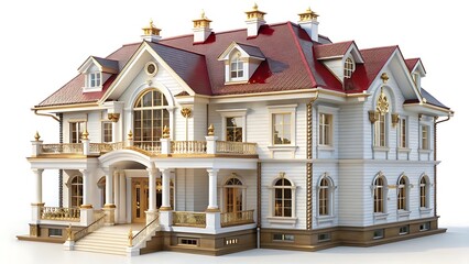 Luxurious white mansion with golden details and red roof depicting architecture and real estate