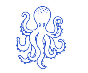 Octopus with multiple tentacles drawn in simple linear style. Hand-drawn cartoon marine animal.