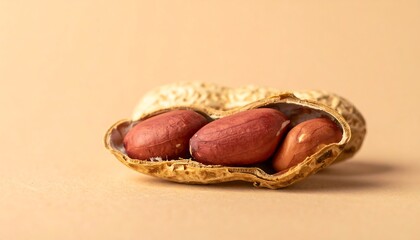 Close-up of Peanuts in Shells, One Open Revealing Reddish-Brown Kernels Against a Beige Background