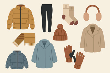 Winter clothing flat icons set – apparel, garment, and cozy wear symbols