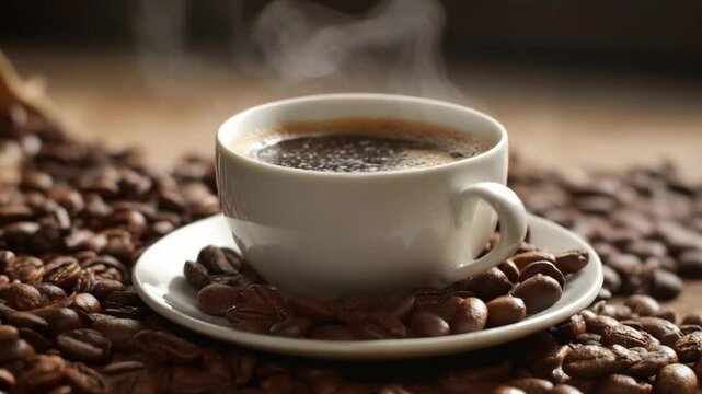 Aromatic Morning: Steaming cup of coffee, with dark, rich brew, accompanied by roasted coffee beans and saucer for the perfect start to the day. 