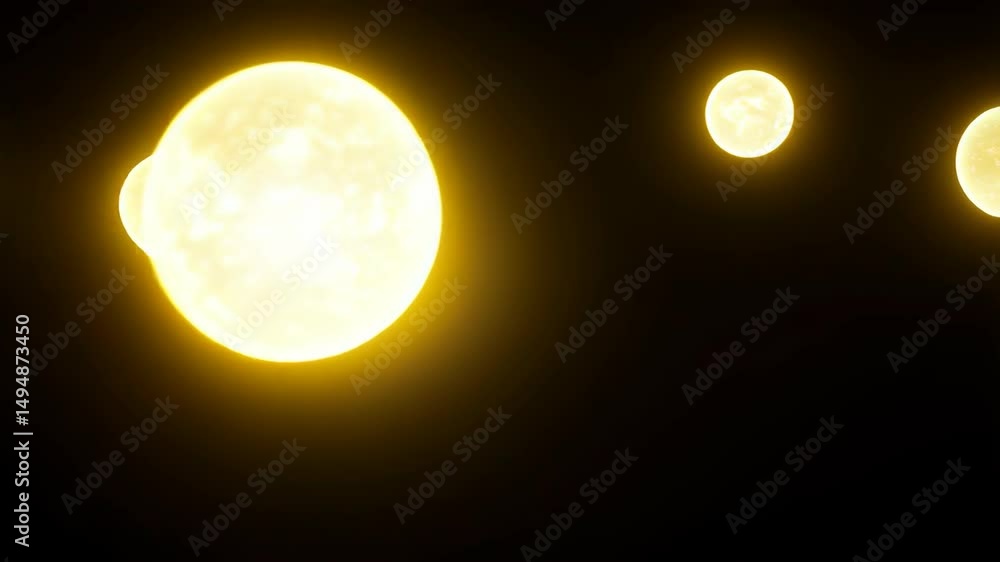 Poster isolated group of glowing yellow orbs floating against a black backdrop representing astral bodies o