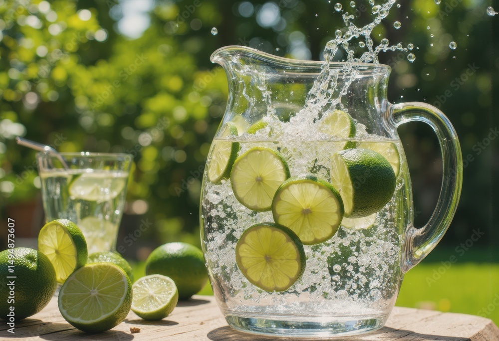 Poster refreshing pitcher of water with lime slices splashing in sunlight