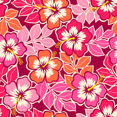 Fototapeta na wymiar Pink hibiscus flower with tropical leaf seamless pattern design for summer holidays background.