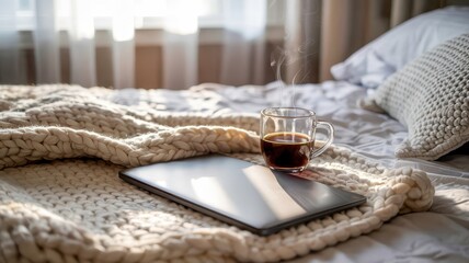 Remote work benefit concept. Cozy workspace with a laptop and a cup of coffee on a soft bed.