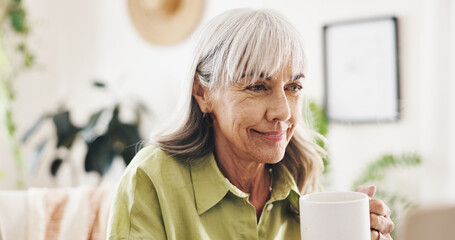 Thinking, senior woman and coffee at house for morning start, happy memory and past reflection....