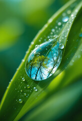 Fototapeta premium Large drop water reflects environment nature spring photography raindrops on plant leaf background image 