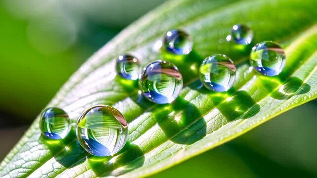 Close-up of several round transparent water droplets resting on the surface of a vibrant green leaf showing surface texture.