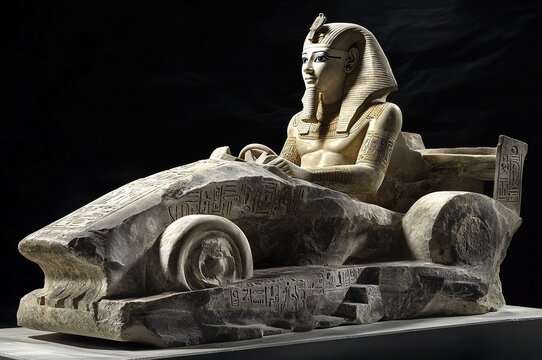 Ancient egyptian pharaoh rides behind the wheel of a race car
