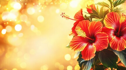 Obraz premium Vibrant hibiscus blossoms against a warm, golden backdrop.