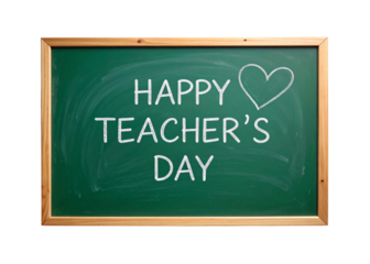A celebratory Teachers' Day asset featuring a blackboard with the handwritten message 'Happy Teacher's Day'; isolated on a transparent background; PNG