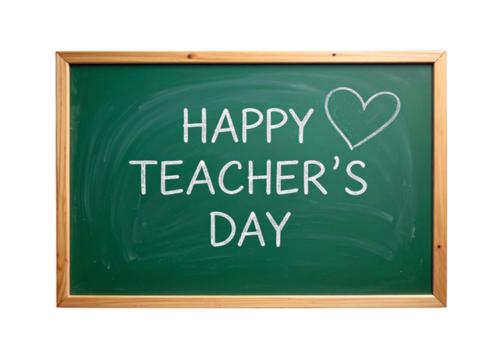 A celebratory Teachers' Day asset featuring a blackboard with the handwritten message 'Happy Teacher's Day'; isolated on a transparent background; PNG