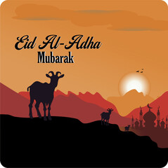 Eid al-Adha celebration. Greeting card with sacrificial lamb and mosque. Eid al-Adha theme. Vector illustration.