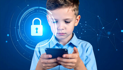 Young boy focused on smartphone with digital security lock graphic in the background