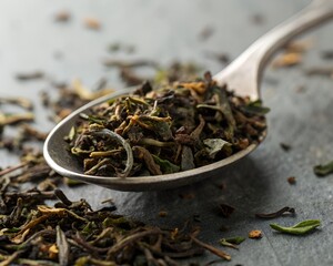 Fototapeta premium Macro image of dried tea leaves on a spoon