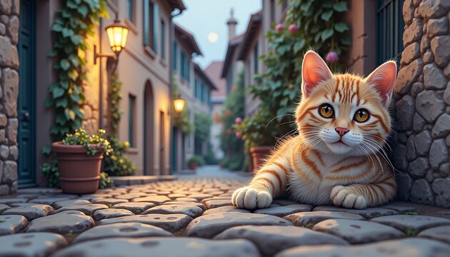 Ginger Tabby Cat Relaxing on Cobblestone Street in Quaint Village - Powered by Adobe