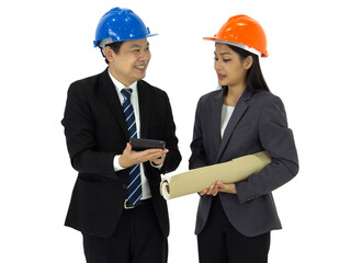 Asian businessman in black suit and blue hardhat, smile while holding tablet computer. Young assistant holding construction drawing of real estate project, stand next to him.